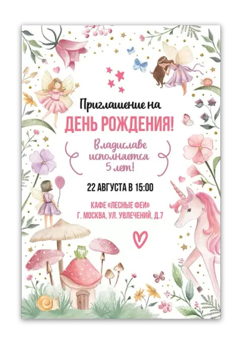 Приглашение на день рождения: сказочный лес с единорогом и феями