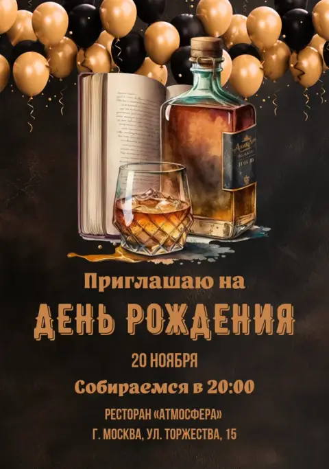 Приглашение на день рождения в стиле виски и книг
