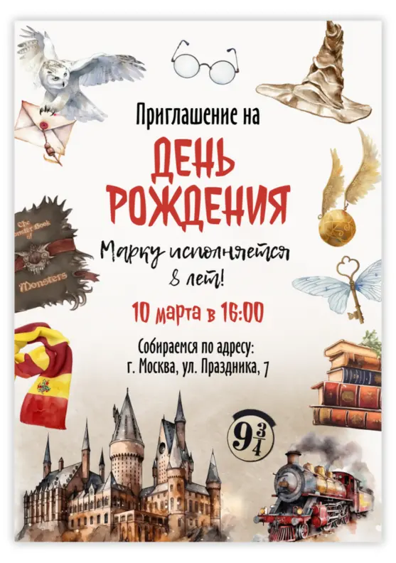 Приглашение на день рождения с магией Хогвартса и совами
