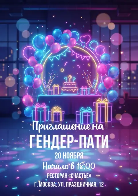 Приглашение на гендер-пати неоновые огни и шары