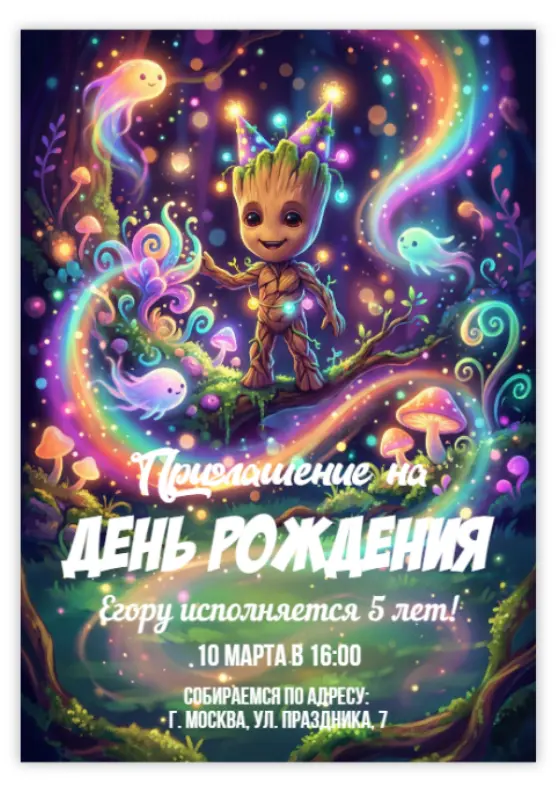 Приглашение на день рождения в радужном лесу с Грутом