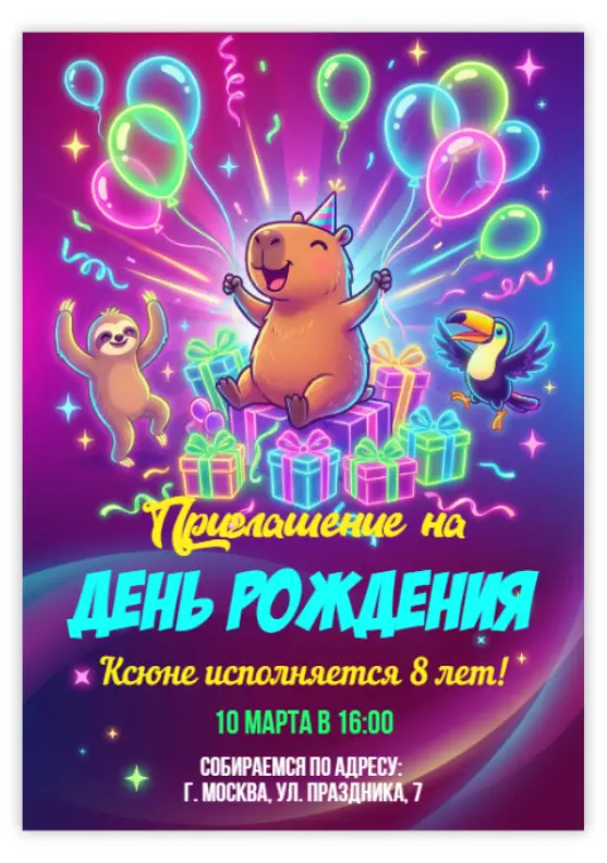 Приглашение на день рождения с Капибарой и друзьями