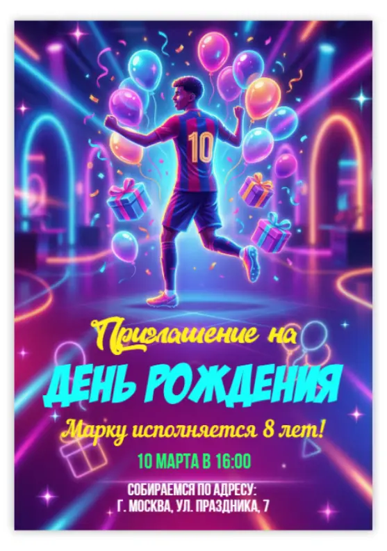 Приглашение на день рождения в неоновом футбольном стиле