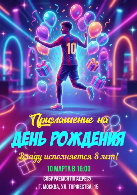 Приглашение на день рождения в неоновом футбольном стиле