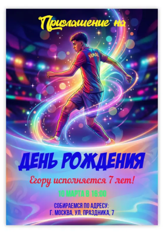 Приглашение на футбольный день рождения с яркими огнями