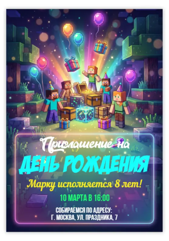 Приглашение на день рождения в стиле Майнкрафт с подарками