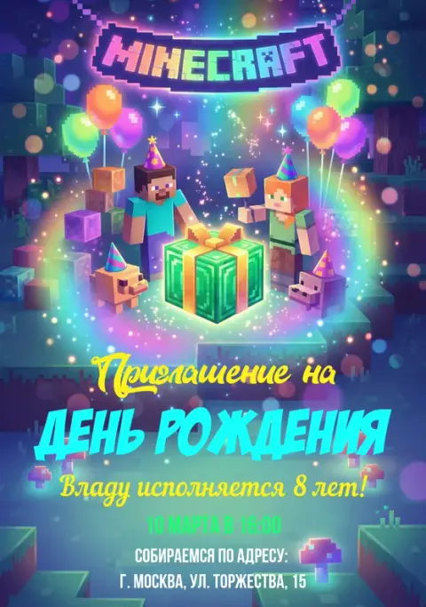 Приглашение на день рождения в стиле Майнкрафт с подарком