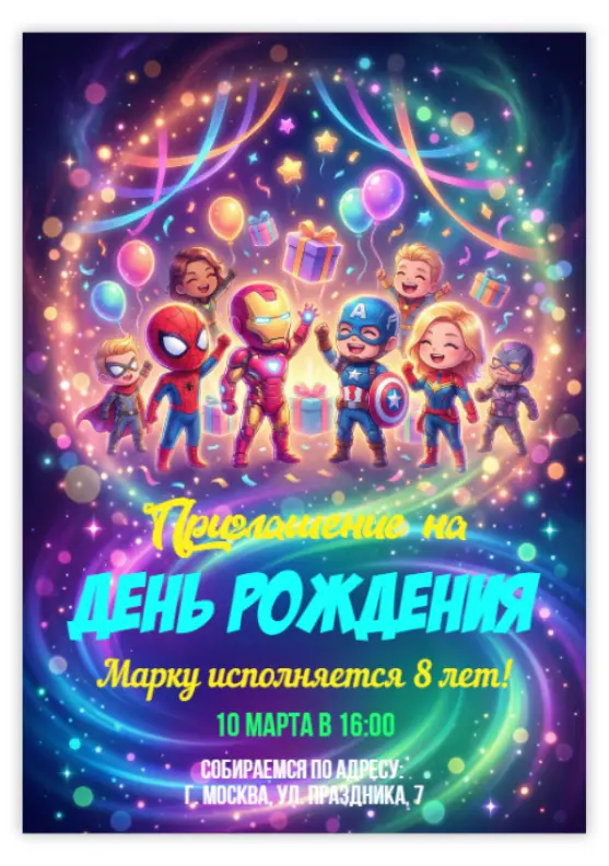 Приглашение на день рождения с милыми супергероями и блестками