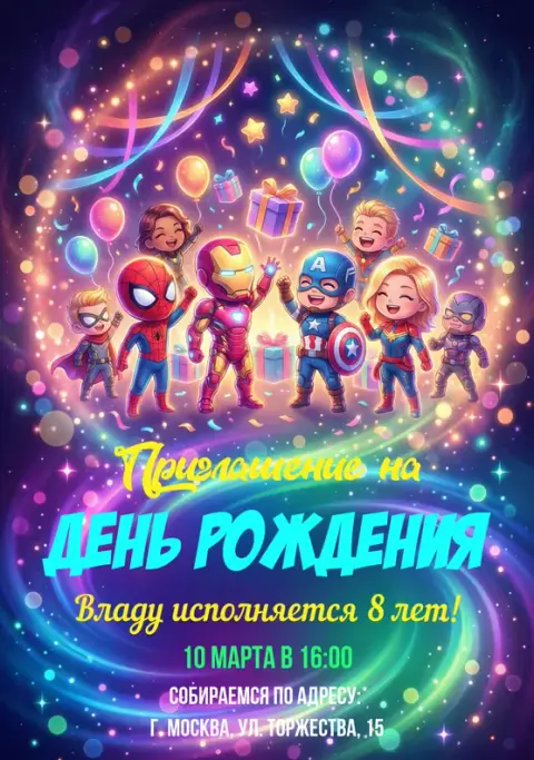 Приглашение на день рождения с милыми супергероями и блестками