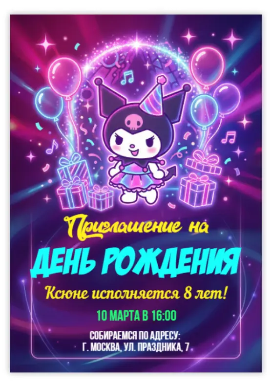 Приглашение на день рождения в стиле Куроми с неоновым сиянием