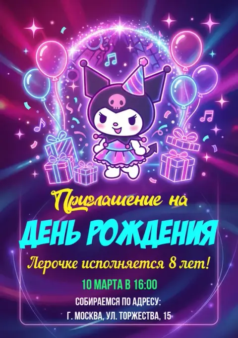 Приглашение на день рождения в стиле Куроми с неоновым сиянием