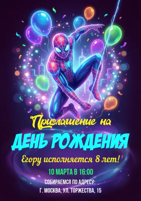 Приглашение на день рождения с Человеком-пауком и неоновым городом