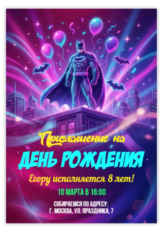 Приглашение на день рождения в стиле неона и супергероев