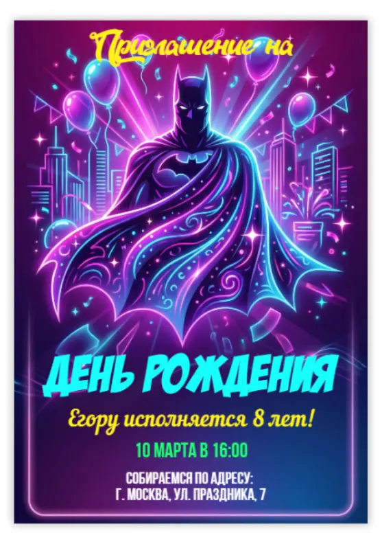 Приглашение на день рождения в стиле Неоновый Бэтмен