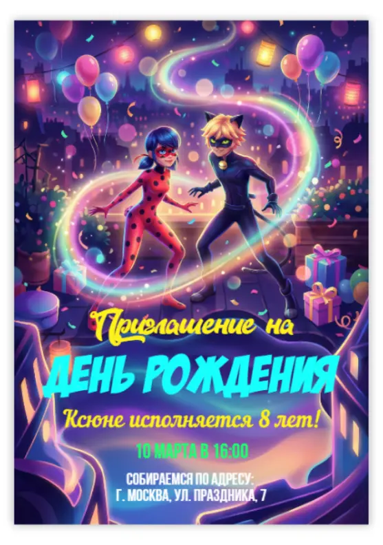 Приглашение на праздник с Леди Баг и Супер-Котом