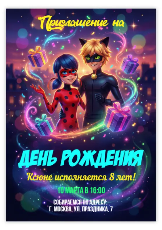 Приглашение на день рождения с яркой магией и подарками
