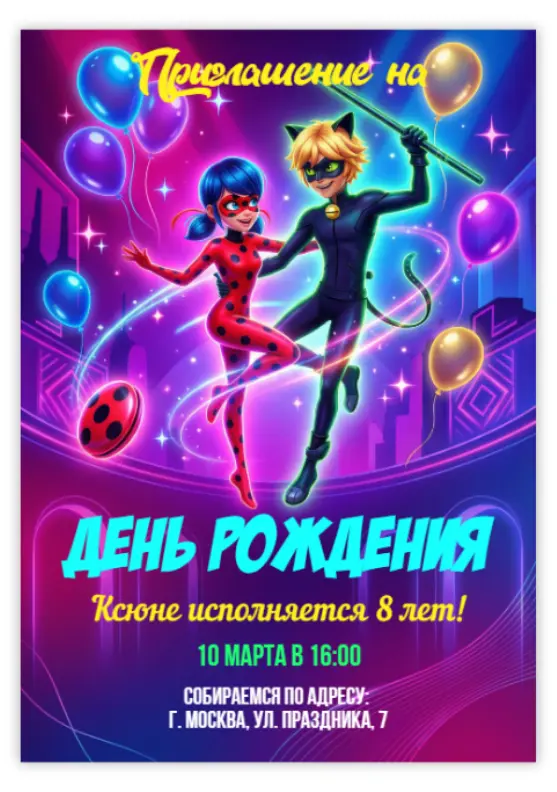 Приглашение на день рождения с Леди Баг и Котом Нуар