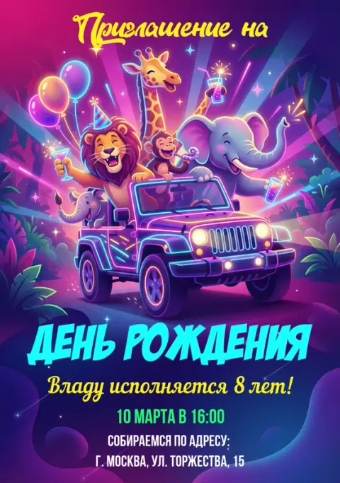 Приглашение на день рождения с забавными животными в джипе