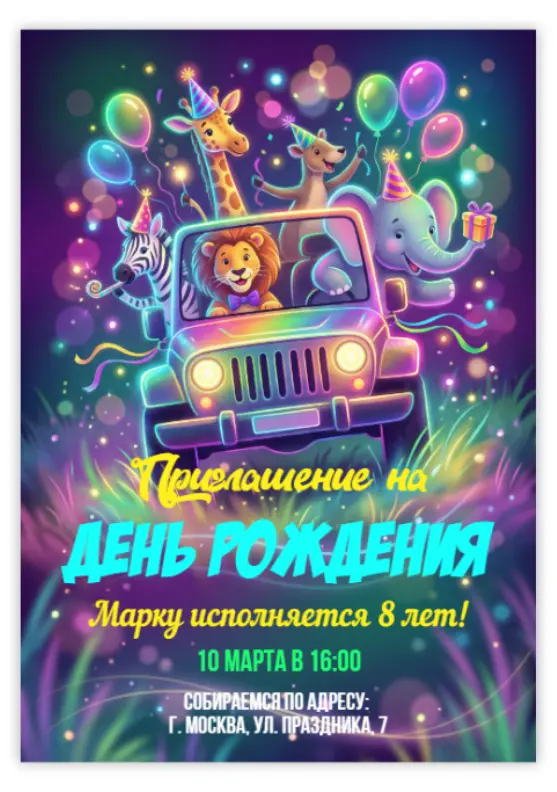 Приглашение на детский день рождения с животными на джипе
