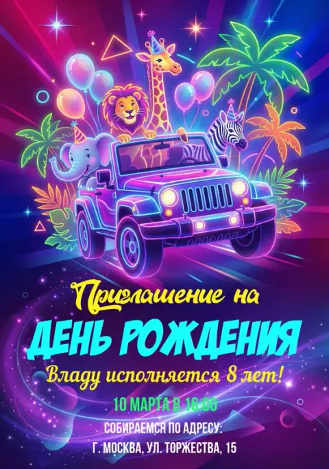 Приглашение на день рождения в стиле неонового сафари