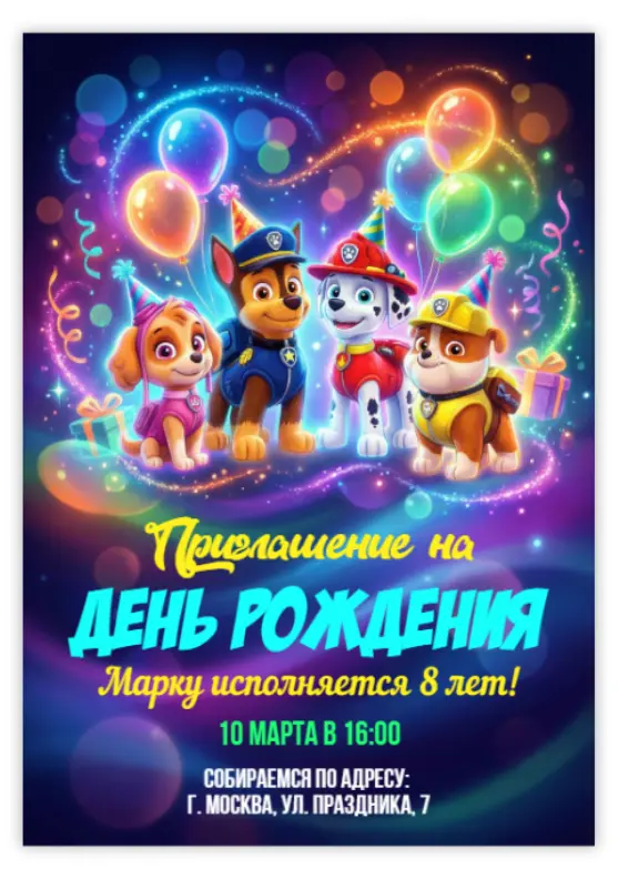Приглашение на день рождения с щенками и огоньками