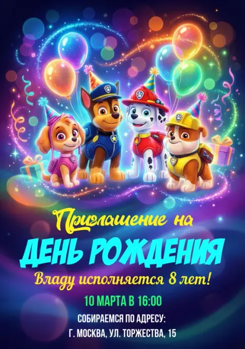 Приглашение на день рождения с щенками и огоньками