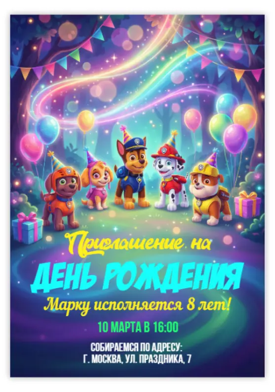 Приглашение на день рождения с веселыми щенками и радугой