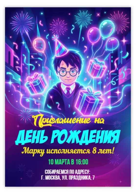 Приглашение на тематический день рождения в стиле неон