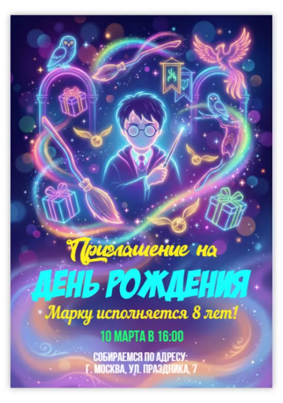 Приглашение на день рождения в неоновом волшебстве