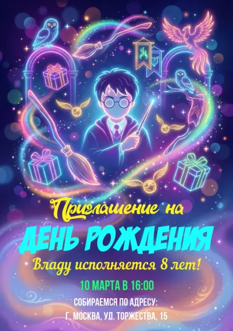 Приглашение на день рождения в неоновом волшебстве