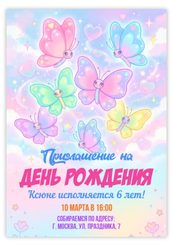 Приглашение на день рождения с пастельными бабочками