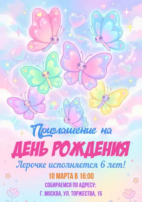 Приглашение на день рождения с пастельными бабочками