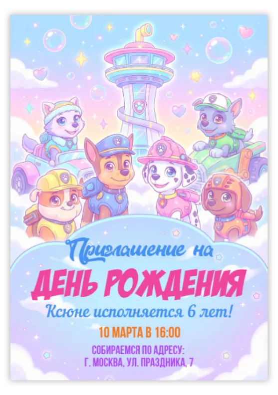 Приглашение на день рождения в небесных тонах