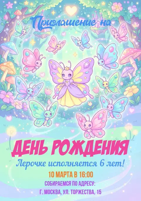 Приглашение на день рождения с милыми бабочками в сказочном лесу