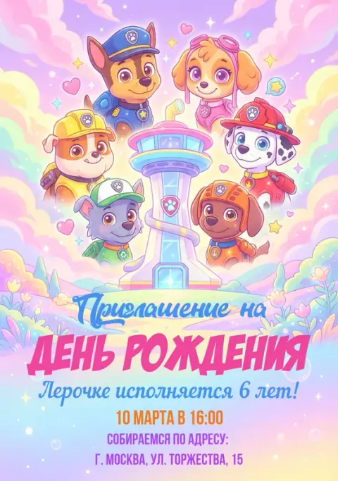 Приглашение на день рождения с командами щенков