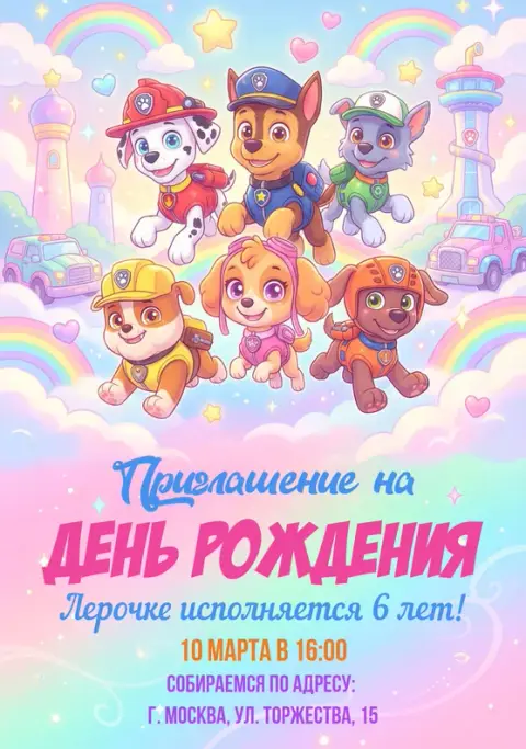 Приглашение на день рождения с милыми щенками и радугой