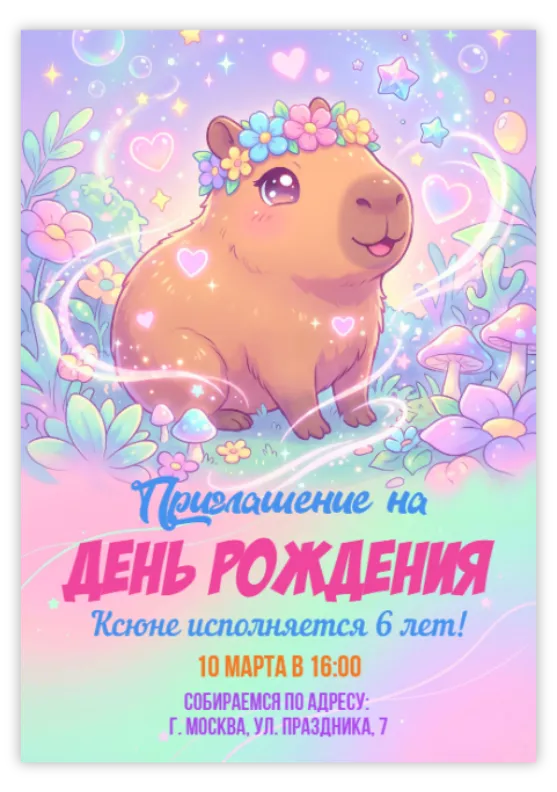 Приглашение на день рождения с милой капибарой и цветами
