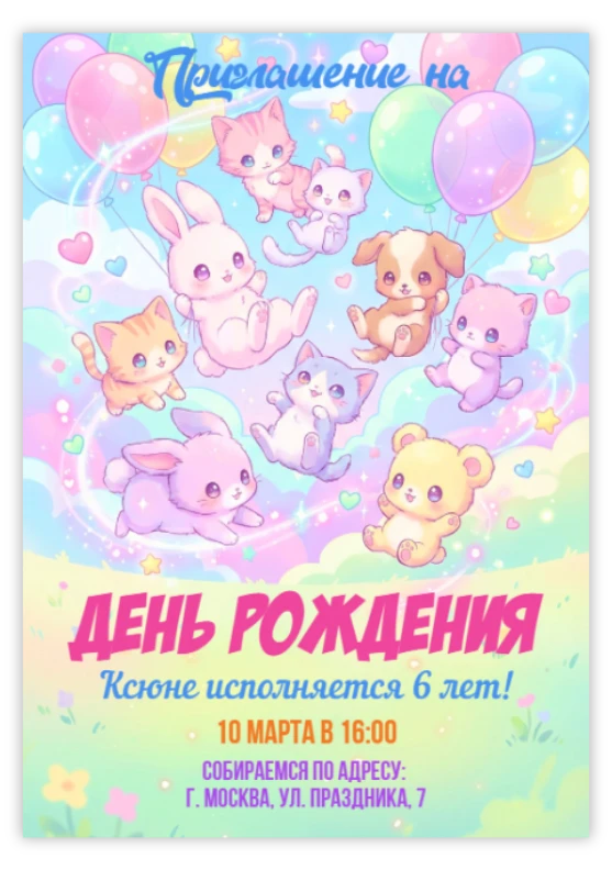 Приглашение на детский день рождения с милыми зверюшками