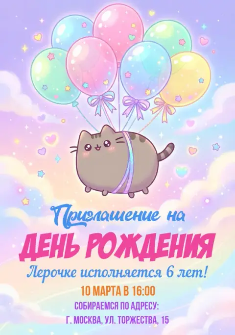 Приглашение на день рождения с милым котом и облаками