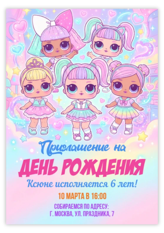 Приглашение на день рождения в стиле кукол с радужными волосами