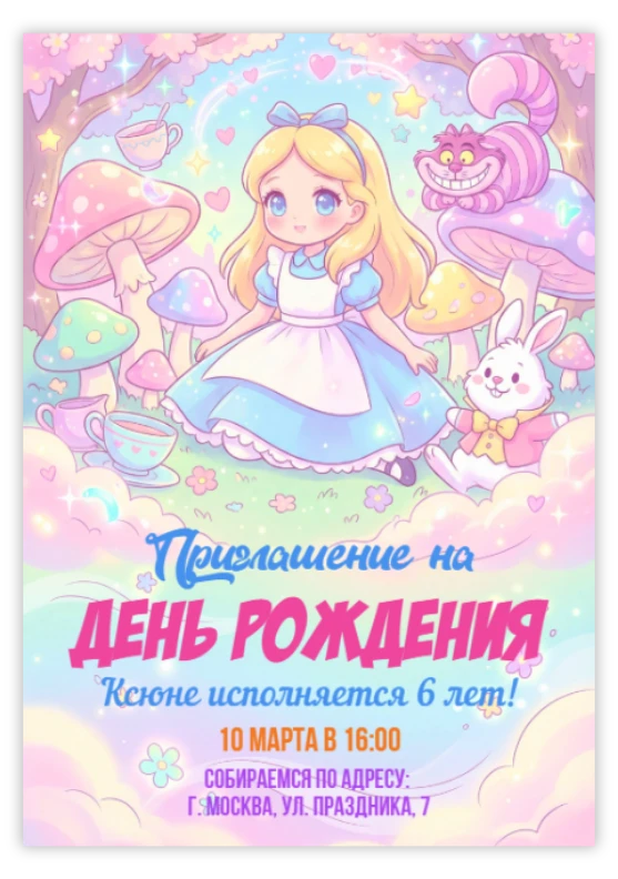 Приглашение на день рождения в стране чудес с Алисой