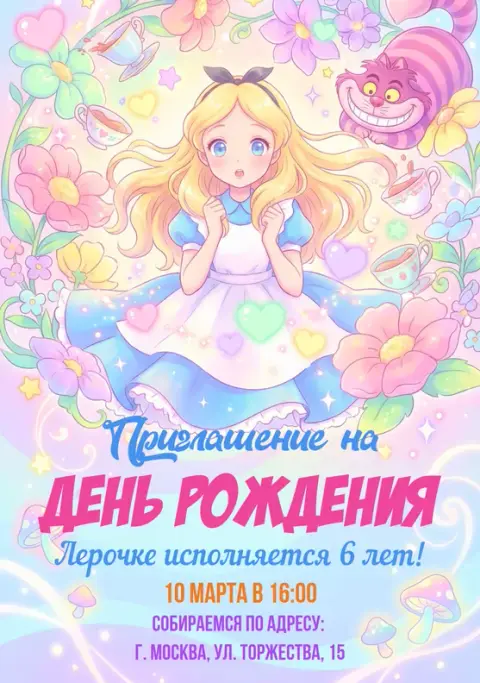 Приглашение на праздник в стиле Алисы: нежный мир чудес