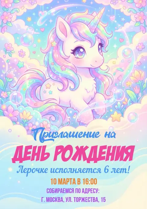 Приглашение на День Рождения с радужным единорогом и цветами