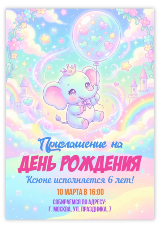 Приглашение на день рождения слоненка с радугой и облаками