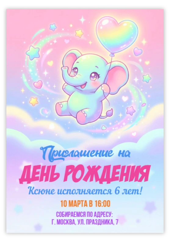Приглашение на день рождения с милым слоненком и радужным сердцем
