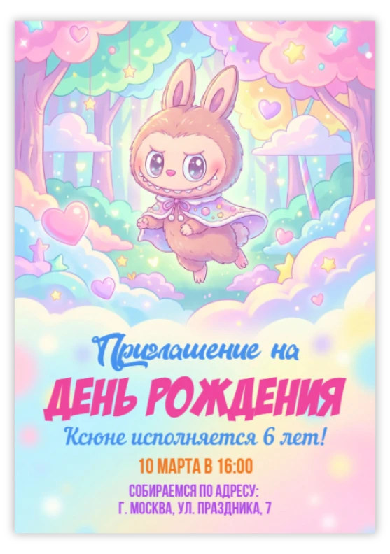 Приглашение на день рождения в стиле каваи с милым зверьком