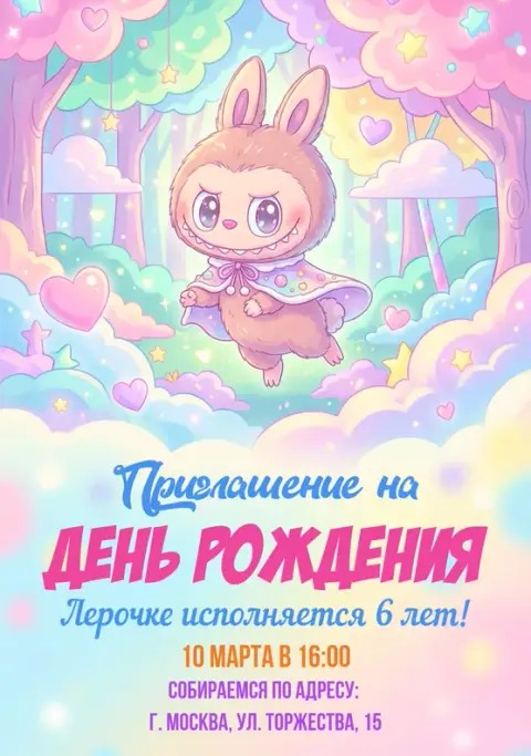 Приглашение на день рождения в стиле каваи с милым зверьком