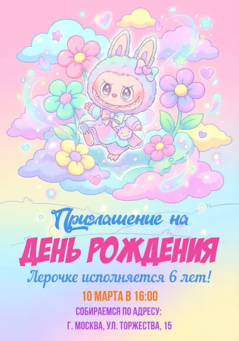 Приглашение на день рождения с милым кроликом в облаках