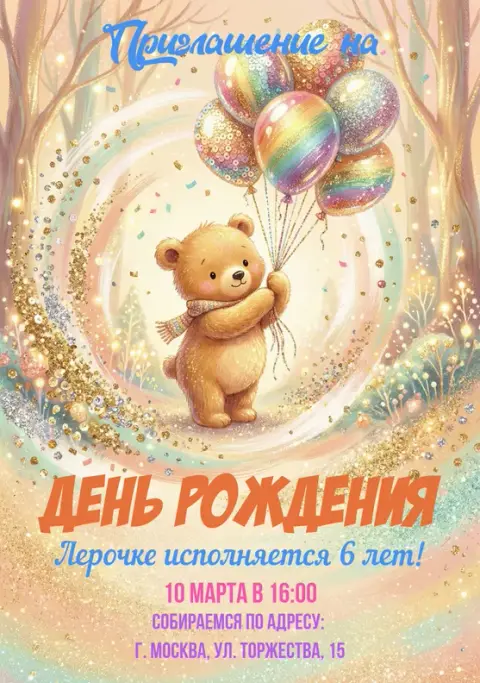 Приглашение на день рождения с плюшевым мишкой и радужными шарами