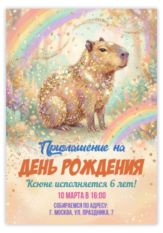 Приглашение на день рождения с блестящей капибарой и радугой